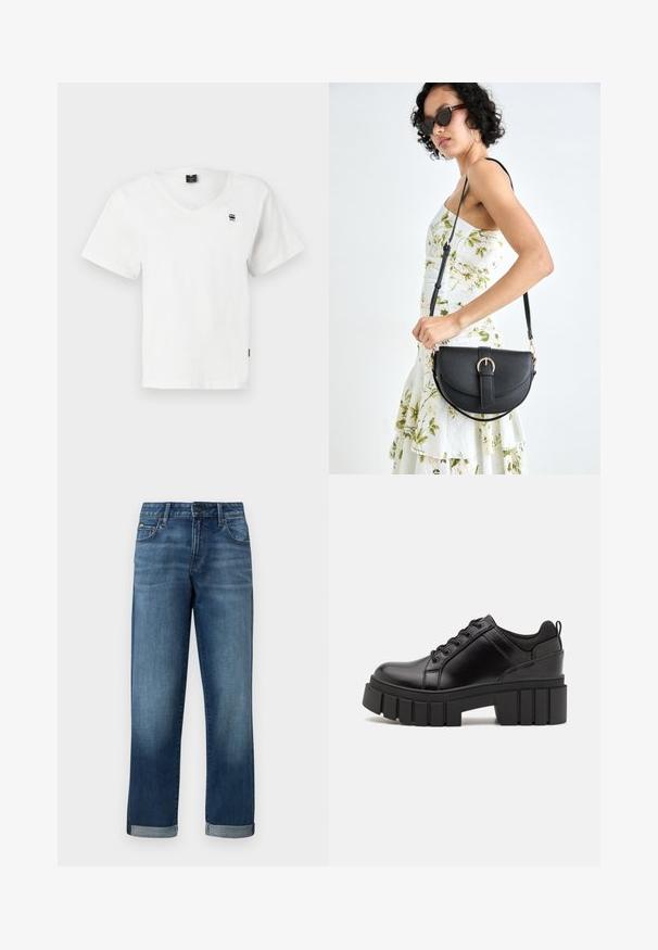 Balta trumpa rankovėmis V formos iškirptė marškinėliai, pagaminti iš medvilnės. Ant viršutinės kairės krūtinės pusės yra mažas juodas logotipas, o apatinis kraštas tiesus. Paprastas dizainas.; Džinsai vidutinio mėlynumo skalbimu, tiesaus kirpimo, su sukurtomis rankovėmis ir minimaliu nudėvėjimu. Klasikinis penkių kišenių stilius.; Juodi odiniai platformos batai su masyviu blokuota kulniuku, apvalia nosimi ir tradiciniu šnypštimo dizainu. Turintys glotnų paviršių ir minimalų dekoravimą.; Juodas odinis krepšys su išlenkta forma, nuimamu dirželiu ir auksiniais detalėmis. Krepšys turi kilpą su sagtimi.