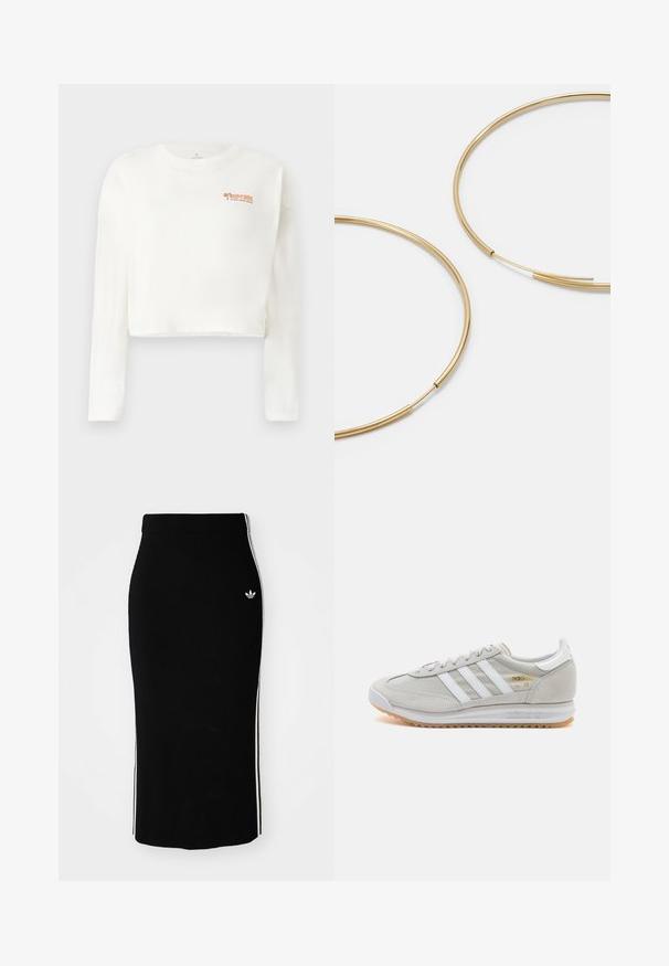 Biely dlhý rukáv skrátené tričko z mäkkej tkaniny, s oranžovým logom na ľavej hrudi a voľným strihom so rovnými okrajmi.; Čierna rebrovaná midi sukňa s priliehajúcim strihom, s bielymi bočnými pruhmi a malým bielym emblémom na ľavej strane.; Svetlosivé tenisky vyrobené z kože a sieťoviny, s tromi bielymi pruhmi, okrúhlou špičkou a gumovou podrážkou. Zlatý logový akcent pri šnúrkach.; Zlaté kruhové náušnice, tenké a okrúhleho tvaru, s hladkým kovovým povrchom a bez ozdôb alebo vzorov.
