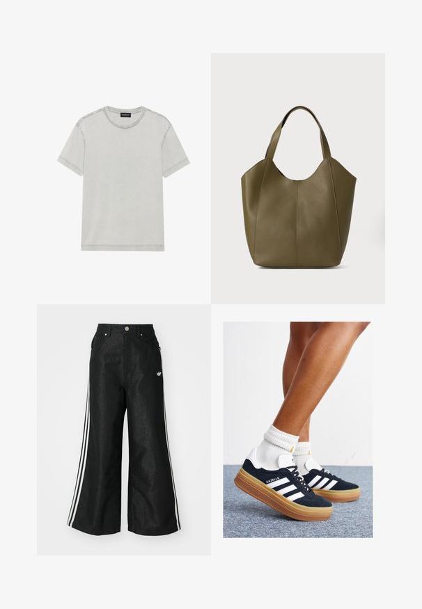 Light gray cotton t-shirt with a crew neckline and short sleeves, featuring clean lines and minimal stitching details.; Black wide-leg denim pants with three white stripe accents on each side and a small white logo. Features front pockets and a button closure.; Black suede sneakers with white stripes and accents, rounded toe, gum rubber outsole, paired with white ribbed crew socks.; Olive green leather tote bag with dual straps, smooth texture, and four panel design. Reinforced stitching along seams for durability.