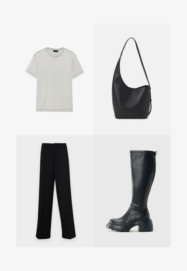 Világosszürke pamut póló kerek nyakkivágással és rövid ujjakkal, tiszta vonalakkal és minimális varrási részletekkel.; Fekete, széles szárú nadrág sima anyagból, klasszikus derékrésszel, gombzárral és elülső redőkkel.; Magas fekete bőrcipő, vastag platform talppal és blokk sarokkal, húzófüllel és texturált profillal az outsole-on.; Fekete bőr hobo táska sima textúrával, ívelt formával és egyetlen állítható pánttal; széles nyílás található a tetején.