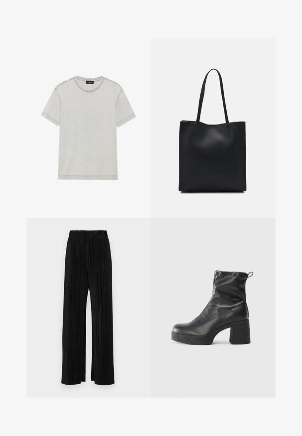 Light gray cotton t-shirt with a crew neckline and short sleeves, featuring clean lines and minimal stitching details.; Black pleated trousers with an elastic waistband. Features wide legs and a smooth, textured fabric with vertical stripes.; Black ankle boots made of smooth leather, featuring a side zipper, chunky textured heel, and rounded toe design.; Black leather tote bag with smooth texture, rectangular shape, and two long handles. No visible hardware or embellishments.