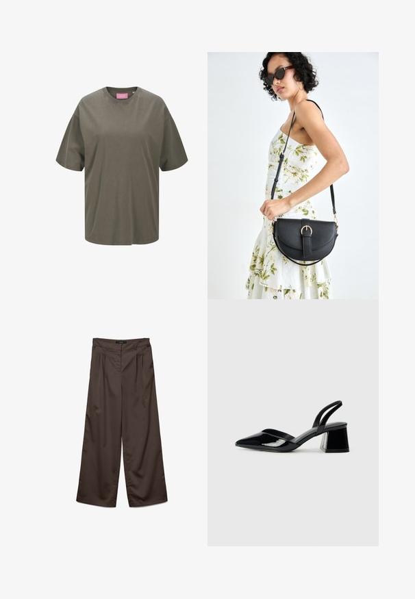 Olivově zelené oversized tričko vyrobené z měkké bavlny, s klasickým kulatým výstřihem a krátkými rukávy, s růžovou cedulkou uvnitř.; Široké kalhoty z tmavě hnědé látky s hladkou texturou. Mezi rysy patří sklady vpředu a standardní pas.; Černé lakované kožené lodičky na pásku s špičatou špičkou a geometrickým blokovým podpatkem. Vyznačují se elegantním, minimalistickým designem a hladkým povrchem.; Černá kožená kabelka s křivkovým tvarem, odnímatelným popruhem a zlatými detaily. Kabelka má klopu s přezkou.