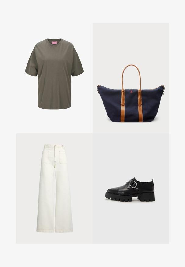 T-shirt oversized verde-oliva feito de algodão suave, apresentando um decote redondo clássico e mangas curtas, com um rótulo rosa no interior.; Jeans de perna larga em denim off-white. Design de cintura alta com fecho de botão, dois bolsos frontais e detalhes de costura em contraste.; Sapatos pretos de couro com sola grossa e estriada, apresentando um detalhe em hardware prateado circular e costura mínima.; Saco duffel de lona azul-marinho com alças de couro bege, fecho com zíper e pequeno detalhe em logo vermelho na frente, apresentando um design amplo e espaçoso.