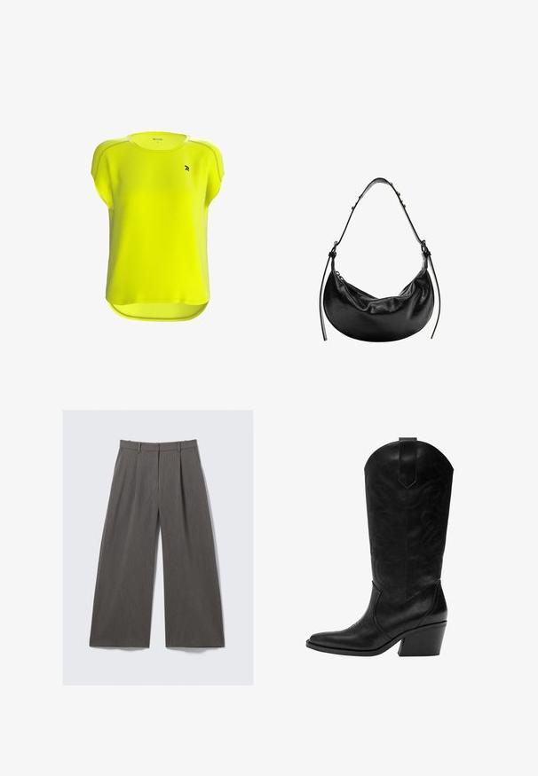 Korte mouwen, felgele sportshirt met een geribbelde textuur, ronde hals en een klein zwart logo op de voorkant.; Grijze pinstriped wijde broek met riemlussen en plooien, plat geëxposeerd tegen een witte achtergrond.; Zwarte leren cowboylaars met puntige neus, decoratieve stiksels, een middellange schuine blokhak en een trekband op de schacht.; Zwarte leren handtas met een halve maan vorm, gladde textuur en verstelbare schouderband, met subtiele hardware accenten. Rits sluiting zichtbaar.