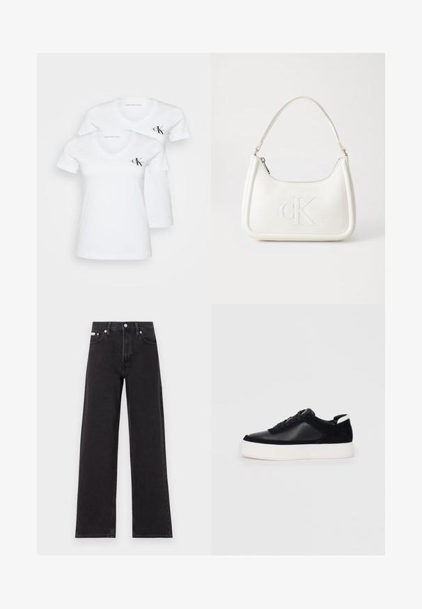 White, short-sleeve v-neck t-shirts with a fitted design. Features Calvin Klein Jeans logo in black on the left chest. Soft cotton material.; Black wide-leg jeans made of denim, featuring a high-rise waist, five-pocket styling, and a metal button closure with contrasting stitching.; Black sneaker with smooth leather and suede panels, flat laces, rounded toe, and a white rubber sole. Distinct logo on the heel.; White leather handbag with a curved shape, featuring an embossed "CK" logo on the front and a single shoulder strap. Zipper closure at top.