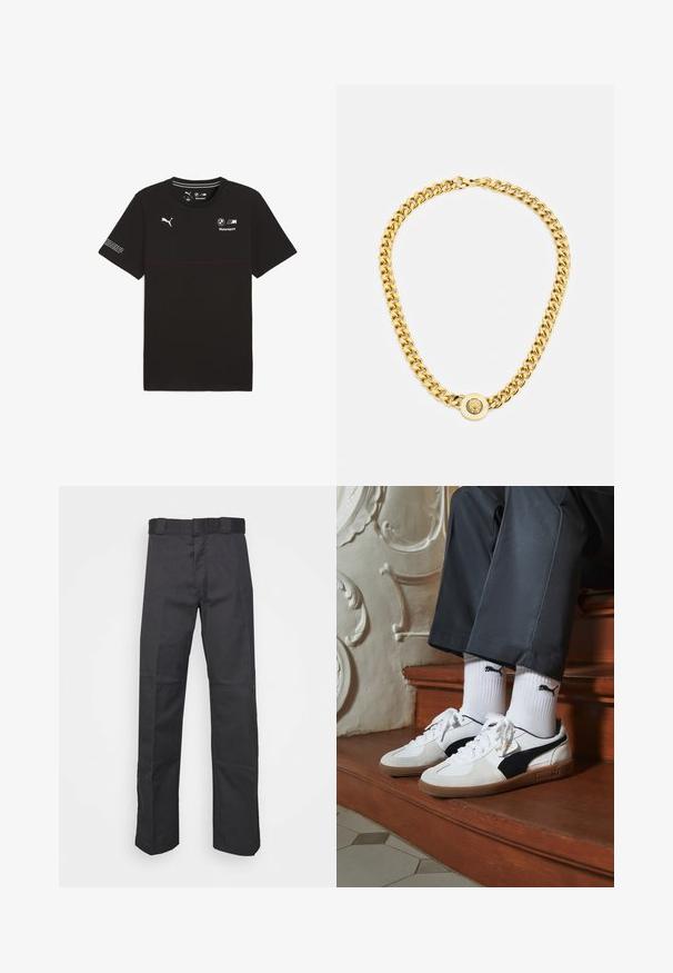 Črni bombažni T-majica s kratkimi rokavi, ki ima logo Puma in blagovno znamko BMW Motorsport. Vključuje rdeč vodoraven trak čez prsi.; Črne hlače iz trpežnega blaga, z ravnim krojem, pasom z zankami za pas in šivi za dodano teksturo.; Puma superge v beli in črni usnjeni izvedbi, sročene s rjavim gumijastim podplatom. Usklajene z belimi nogavicami z črnim logotipom, nosijo se s temnimi hlačami.; Zlata verižica z velikimi medsebojnimi povezavami, ki ima v središču krožni obesek z izbočenim grbom.