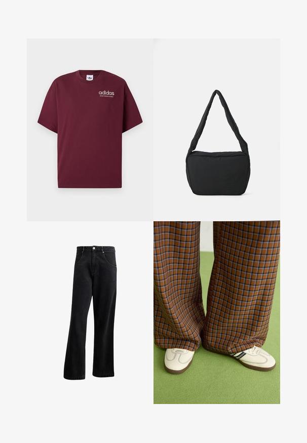 Burgundy lyhythihainen t-paita, joka on valmistettu puuvillasta. Ominaisuuksiin kuuluu pyöreä kaula-aukko ja pieni valkoinen "adidas"-logo, jonka alla lukee "SPORT DESIGN STUDIO".; Musta farkkutakki suoralla lahje muotoilulla, jossa on etutaskut, nappisuljenta ja hieno rakenne. Mukana on huomaamaton logotyyppinen yksityiskohta.; Ruskonsin ja sininen ruutukuvioinen leveälahkeinen housut yhdistettynä valkoisiin kenkiin, joissa on mustia yksityiskohtia ja tekstuuripohjat, vihreää taustaa vasten.; Musta olkalaukku, jossa on pehmustettu pinta, pyöreä muoto ja leveä hihna, sekä kohopainettu logo edessä.