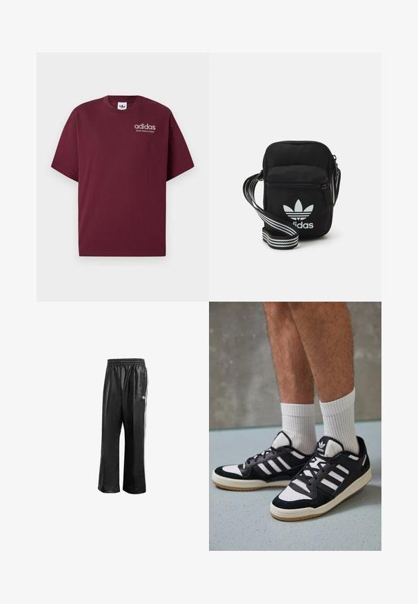 T-shirt de manga curta em vinho feito de algodão. Apresenta um decote redondo e um pequeno logótipo branco da "adidas" com "SPORT DESIGN STUDIO" por baixo.; Calças de treino sintéticas pretas com um cós elástico, apresentando riscas laterais brancas e um pequeno logótipo branco no quadril esquerdo.; Ténis em preto e branco com upper em camurça e couro, apresentando três riscas brancas, um toe perfurado e uma sola em borracha de goma.; Sacolinha transversal de tecido preto com fecho de zíper, apresentando um logo da Adidas em branco e uma alça ajustável listrada para facilitar o transporte.