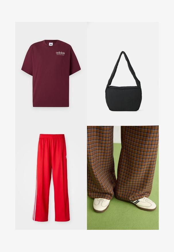 Burgundijas īsās piedurknes T-krekls, izgatavots no kokvilnas. Aprīkots ar apaļu kakla izgriezumu un mazu balto "adidas" logotipu ar uzrakstu "SPORT DESIGN STUDIO" zem tā.; Sarkani sporta bikses, kas izgatavotas no viegla auduma, ar elastīgu jostasvietu, divām baltām sānu svītrām un mazu logotipu uz gurniem.; Brūni un zili rūtaini platās kājas bikses, kas savienotas ar baltām kurpēm ar melniem akcentiem un teksturētām zolēm, uz zaļa fona.; Melnas plecu soma ar mīkstu tekstūru, apaļu formu un plašu siksnu, ar uzspiestu logotipu priekšpusē.