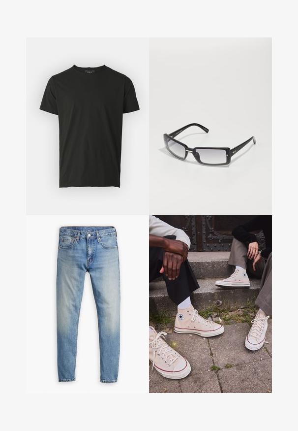 Black cotton t-shirt with short sleeves and a round neckline. Smooth texture, minimal design, and a label at the back of the neckline.; Light blue denim jeans with a straight cut, five-pocket design, and contrasting orange stitching. Features a button and zipper closure.; High-top beige canvas sneakers with red stripe, white rubber sole, and metal eyelets, featuring iconic star logo on the side.; Black rectangular sunglasses with a gradient lens, featuring a thick frame and metal accent details on the arms. Smooth texture throughout.
