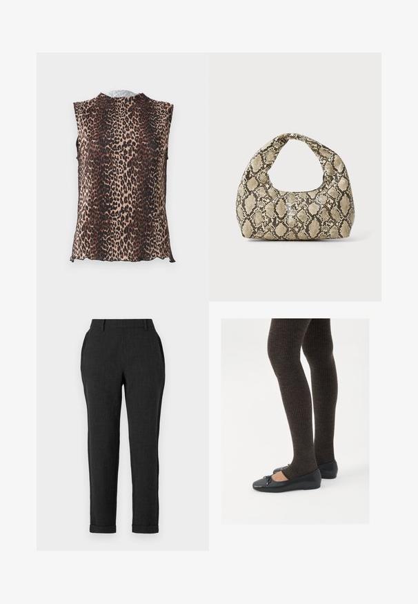 Bešvystė palaidinė su plišeta dizainu, turinti leopardų raštą rudos, šviesiai rudos ir juodos spalvose. Apvali iškirptė, minkšta tekstūra.; Juoda, be rankovių peplum viršutinė dalis su struktūrizuotu dizainu. Savyje turi tekstūruotą medžiagą ir platėjantį kraštą, suteikiantį pritaikytą išvaizdą.; Tamsiai pilki pritaikyti kelnių su siaurėjantys kojomis, diržo kilpos ir šoninės kišenės. Audinys turi subtilią tekstūrą. Su apvadu.; Juodos plokščios bateliai su maža kaspinėlio detale prie pirštų, derinami su tamsiai rudos spalvos raukšlėtomis pėdkelnėmis. Bateliai turi lygų paviršių ir žemą profilį.; Gyvatės rašto rankinė su kreiviu rankenėle. Pagaminta iš tekstūruotų smėlio ir rudos spalvos medžiagų, su išskirtiniu rombo raštu.