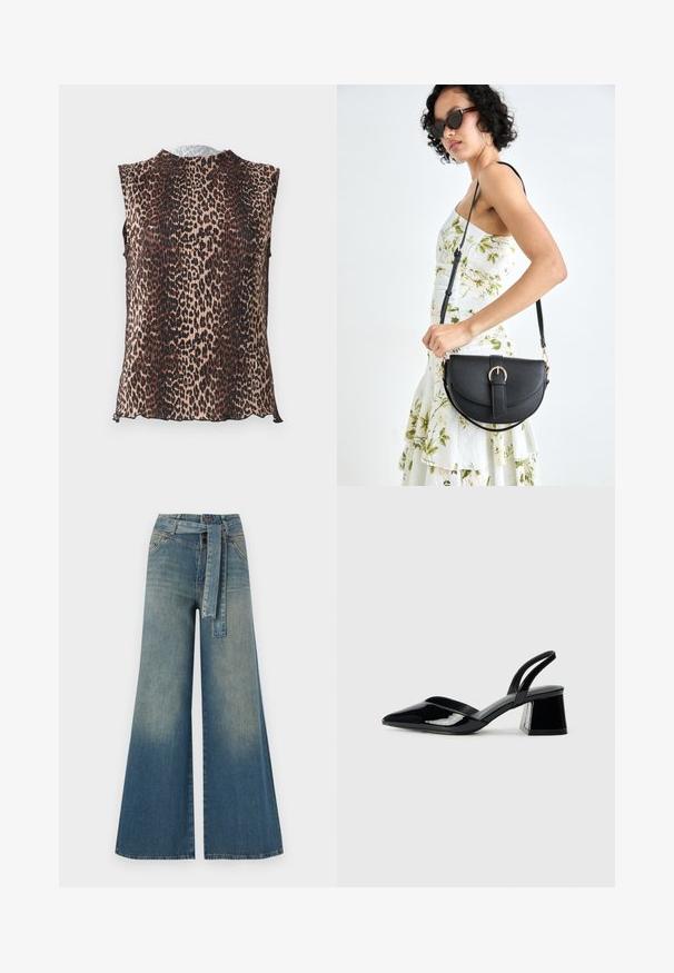 Sleeveless top featuring a pleated design with a leopard print pattern in shades of tan, brown, and black. Rounded neckline, soft texture.; Wide-leg denim trousers featuring a light to dark blue gradient, high waist, belt loops, and a matching fabric belt. Textured denim finish.; Black patent leather slingback heels with a pointed toe and a geometric block heel. Features a sleek, minimal design and smooth texture.; Black leather handbag with a curved shape, detachable strap, and gold hardware. The bag features a flap with a buckle detail.