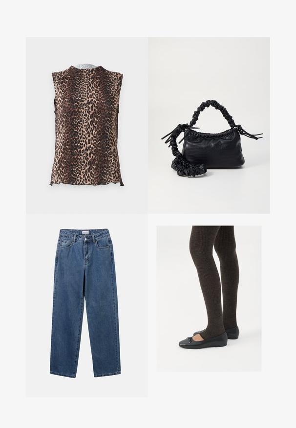 Top sem mangas com um design plissado e padrão de estampa de leopardo nas tonalidades de bege, castanho e preto. Decote arredondado, textura suave.; Jeans de denim azul clássicos com um design de perna reta, cinco bolsos e fecho de botão. Apresenta um tratamento médio e uma textura resistente.; Sapatos planos pretos com um pequeno laço na ponta, emparelhados com meias-calças caneladas castanhas escuras. Os sapatos têm uma textura suave e um design discretamente baixo.; Bolsa de mão em couro sintético preto com textura de crocodilo, topo franzido e alça enrugada. Apresenta um design suave e compacto.