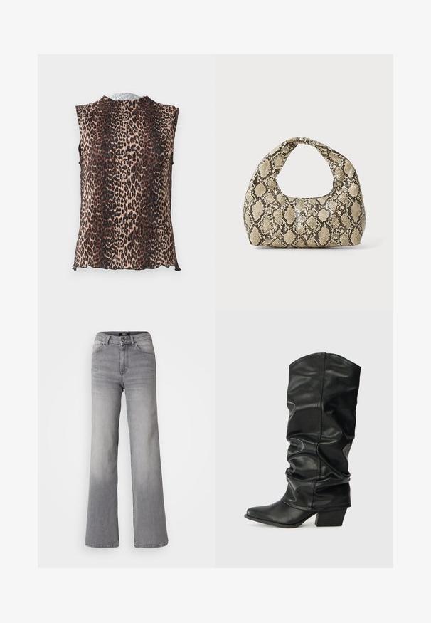 Sleeveless top featuring a pleated design with a leopard print pattern in shades of tan, brown, and black. Rounded neckline, soft texture.; High-waisted straight-leg gray denim jeans with front button and zipper, front and back pockets, and faded shading on thighs and calves.; Black leather knee-high boots with a slouched design, pointed toe, and a chunky heel, featuring smooth texture and minimal stitching.; Snake-print handbag with a curved handle. Made from textured, beige and brown materials, featuring a distinctive diamond pattern.