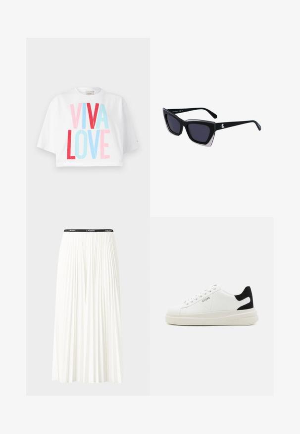 Zkrácený bílý tričko s odvážným nápisem "VIVA LOVE" v červené, růžové a modré barvě. Krátké rukávy a volný střih.; Záhybová bílá sukně s černým elastickým pasem s logem "LACOSTE". Suška je střední délky a má jemnou texturu.; Bílé kožené tenisky s tlustou bílou podrážkou, černým semišovým akcentem na patě a vyraženým logem na boku. Šněrovací design se šesti očka.; Černé oversized sluneční brýle geometrického tvaru, s tmavými skly a kontrastním šedým detailem na rámu. Logo na rameni.