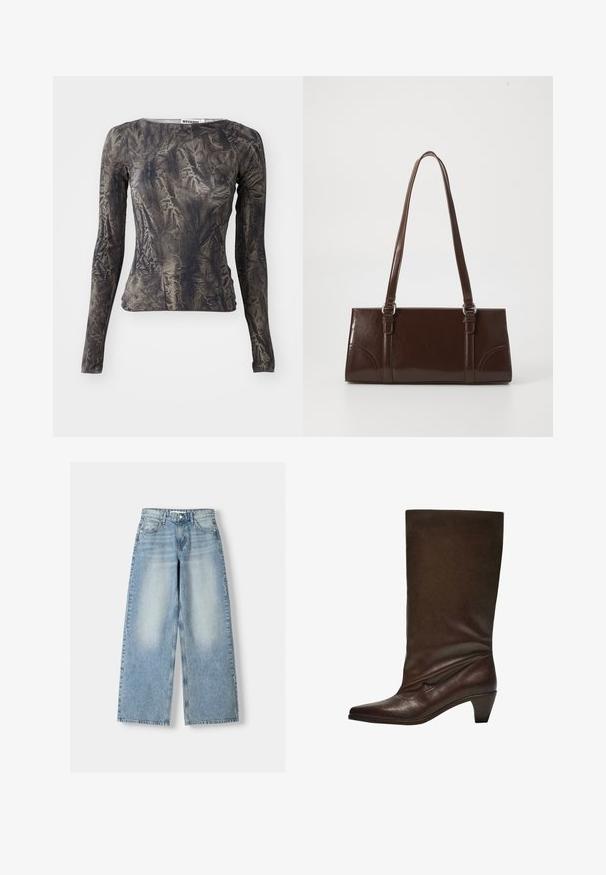 Long-sleeve top in dark gray with a crinkled texture. Features a round neckline and fitted silhouette. Simple design with minimal accents.; Light blue denim wide-leg jeans with a high waist, featuring a faded finish, five pockets, and a straight cut.; Dark brown leather mid-calf boot with low stacked heel, pointed toe, and slightly slouched shaft against a white background.; Brown patent leather handbag with a rectangular shape, two long handles, and subtle curved accents on the front.