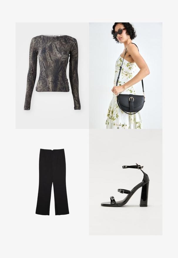 Dug vratni top dugih rukava u tamnosivoj boji s naboranom teksturom. Ima okrugli izrez i prilagođeni kroj. Jednostavan dizajn s minimalnim detaljima.; Crne hlače ravnog kroja, s prednjim džepovima i bočnim prorezima na rubu. Izrađene od mekog i glatkog materijala. Pogodne za razne prigode.; Crne lakirane sandale na pete sa kvadratnim nosom, trakama oko gležnja i srebrnim kopčama. Imaju čvrst blok petu za stabilnost.; Crna kožna torba s lukovitim oblikom, odvojivim remenom i zlatnim detaljima. Torba ima preklop s kopčom.