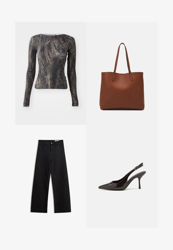 Long-sleeve top in dark gray with a crinkled texture. Features a round neckline and fitted silhouette. Simple design with minimal accents.; Black wide-leg denim pants with a high waist, featuring front and back pockets, stitched seams, and a button closure. Smooth texture.; Slingback high-heeled shoe in glossy dark brown patent leather, pointed toe, open sides, and adjustable ankle strap.; Brown leather tote bag with a smooth texture, open top design, and two shoulder straps. Features minimal stitching and no visible hardware.