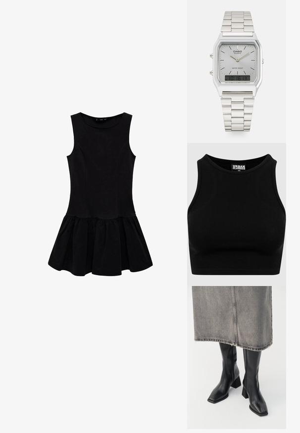 Black ribbed cropped top with a round neckline and sleeveless design. Made from a stretchy, textured fabric. Label reads "Urban Classics."; Black sleeveless dress with a fitted bodice and a flared pleated skirt. Made from soft fabric, featuring a round neckline and no embellishments.; Black knee-high boots in smooth leather with a squared toe and block heel. Worn with a gray denim skirt with a frayed hem.; Hobo bag in dark gray suede with curved shape, top handle, and side zippers with metal pulls. Smooth texture and visible stitching details.; Silver Casio quartz watch with rectangular face, analog and digital displays, stainless steel bracelet, and water-resistant features.