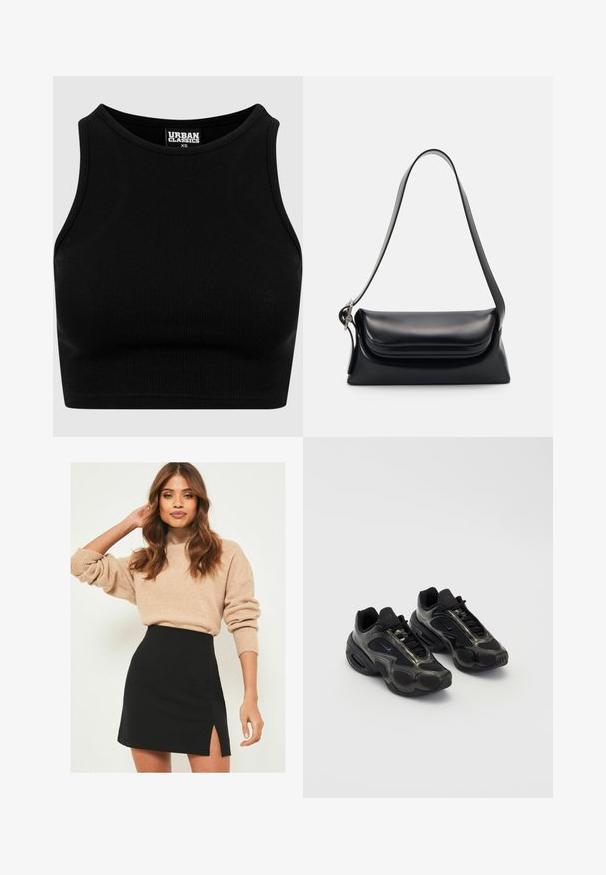 Črni rebrasti kratki top z okroglim izrezom in brezrokavnim dizajnom. Narejen iz raztegljive, teksturirane tkanine. Etiketa nosi napis "Urban Classics."; Bež pleten pulover z rebrastimi manšetami v kombinaciji z črnimi mini krilom z bočnim razporkom. Oblačilo ima sproščen a hkrati prilegajoč silhueto.; Črne atletske čevlje iz sintetičnega materiala, z mrežnimi dodatki in zaobljenimi podplati. Imajo sistem vezanja in izrazit Nike logotip na ježku.; Črna usnjena torbica z oblikovano strukturo, gladko teksturo in eno naramnico. Opremljena je z diskretnim, zaobljenim pokrovom.; Srebrna Casio quartz ura s pravokotno/png-iskonsko obliko, analogno in digitalno prikazovanje, jekleni pas in vodoodporne funkcije.