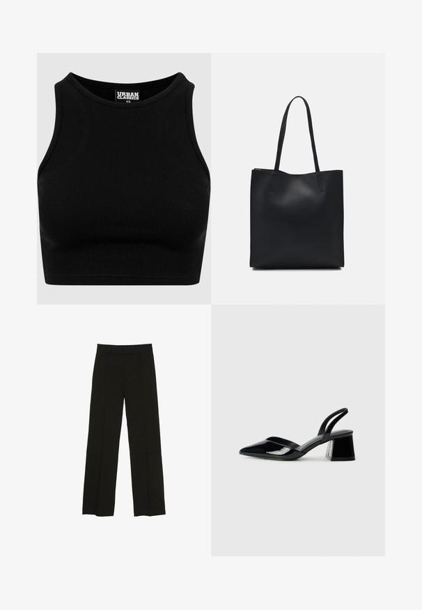 Zwarte geribbelde cropped top met een ronde hals en mouwloos ontwerp. Gemaakt van een rekbare, textuurrijke stof. Label zegt "Urban Classics."; Zwarte wijde pantalon gemaakt van een soepele stof, met een aansluitende tailleband en subtiele plooien aan de voorkant voor extra textuur.; Zwarte gepatineerde leren slingback hakken met een spitse neus en een geometrische blokhak. Kenmerkt zich door een slank, minimalistisch ontwerp en een gladde textuur.; Zwarte leren handtas met een gladde textuur, rechthoekige vorm en twee lange handvaten. Geen zichtbare hardware of versieringen.
