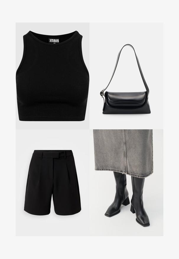 Sort ribbet cropped top med rund halsudskæring og uden ærmer. Lavet af et strækbart, tekstureret stof. Mærket siger "Urban Classics."; Sorte skræddersyede shorts lavet af glat stof, med høj talje, folder, bæltestropper og sidelommer, med et rent design.; Sorte knæhøje støvler i glat læder med firkantet tå og blokeret hæl. Båret med en grå denimnederdel med flosset kant.; Sort læderhåndvask med en struktureret form, en glat overflade og en enkelt skulderrem. Har et subtilt, rundet klapdesign.