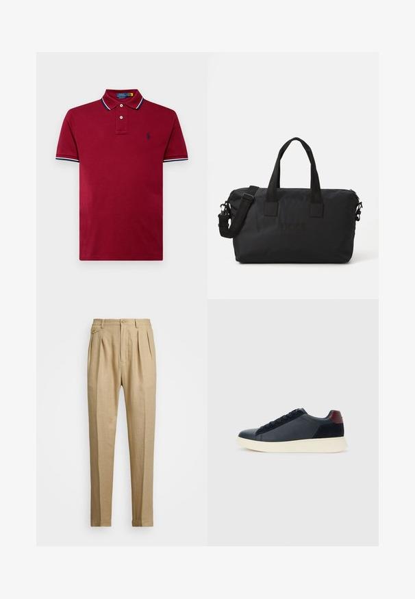Polo Ralph Lauren CUSTOM SLIM FIT MESH POLO SHIRT - Polo - red carpet; Pantalons en lin beige avec une coupe droite, arbore deux pinces à l'avant, une fermeture à bouton et des poches latérales. Tissu texturé avec une finition lisse.; Baskets basses pour hommes en cuir noir et daim avec un tirant de talon bordeaux et une semelle en caoutchouc blanche, vues depuis le côté extérieur.; Sac de sport en nylon noir avec deux poignées supérieures et une bandoulière amovible. Doté d'un logo en relief et d'une texture lisse avec fermeture zippée.
