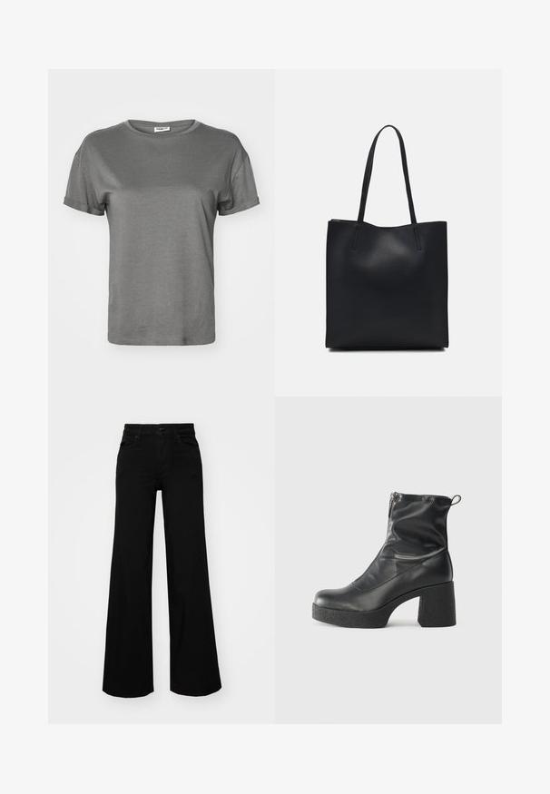 Grå kortermet t-skjorte laget av myk bomull. Har rund hals, rullede ermer og en avslappet passform med en jevn og glatt tekstur.; Svart vide bukser laget av denim, med en strukturert midjebånd, beltestropper og frontlommer. Glatt tekstur med et klassisk design.; Svarte ankelstøvler laget av glatt lær, med glidelås på siden, chunky strukturert hæl, og rund tå-design.; Svart lær tote bag med glatt tekstur, rektangulær form og to lange håndtak. Ingen synlige deler eller dekorasjoner.