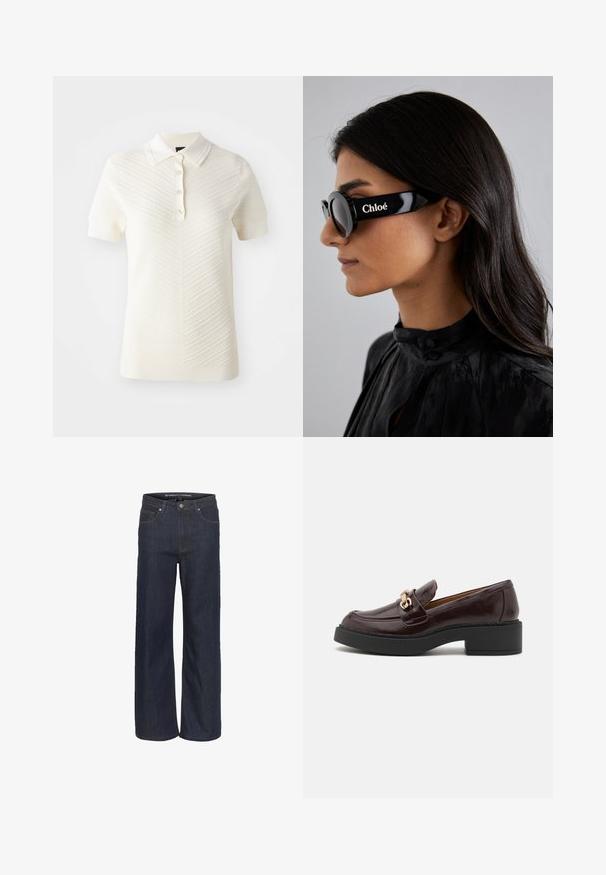 Krämfärgad polo skjorta med korta ärmar, prydd med ett texturerat zigzag-mönster, en klassisk krage och en knäppning med tre knappar.; Mörk denim vid byxa med hög midja, försedd med fem fickor, kontrasterande sömmar och rå fåll i botten.; Brun läderloafer med ett guldackcentbälte, svart blockklack och en slät yta. Sidovy visar rundad tå och sömnadsdetaljer.; Svarta solglasögon med runda linser och djärva, vinklade bågar som har varumärket "Chloé" i vitt på sidan. Slät, glänsande yta.; Brun läderhandväska med texturerad yta, guldfärgad hårdvara, topphandtag och avtagbar axelrem; har en framfickan med en spänne.; FERRAGAMO FERRAGAMO DUO MINI - Klocka - silver-coloured/gold-coloured