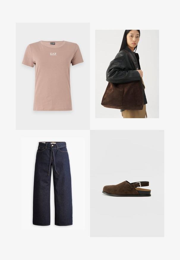 Gaiši rozā kokvilnas T-krekls ar īsām piedurknēm, apaļu kakla izgriezumu un baltu EA7 logo uz krūšu daļas. Gluda tekstūra un pieguļošs dizains.; Plati zili džinsi ar augstu jostasvietu, ar šnaukaša saišu, piecām kabatām un kontrastējošiem šuvju akcentiem.; Biezu zamšādai kurpe ar zemu papēdi, regulējamu siksniņu ar sudraba sprādzi un melnu gumijas zoli.; Brūns zamša toleta soma ar plašu formu un mīkstu tekstūru, ar vienu siksniņu un minimālu aparatūru uz neitrāla fona.