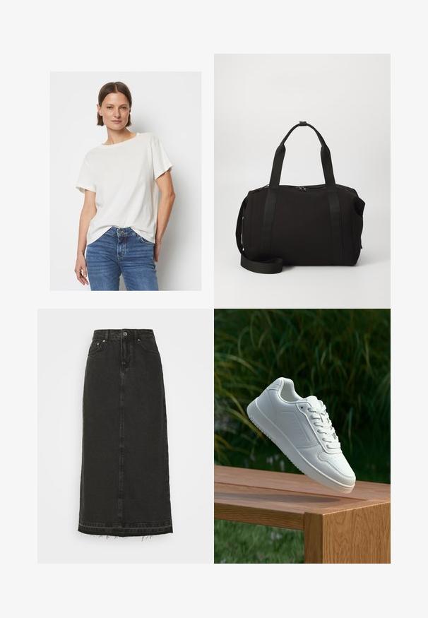 Rövid ujjú, krémfehér színű póló, puha anyagból készült, kerek nyakkivágással és laza fazonban, kék farmernadrággal párosítva.; Fekete farmer midi szoknya, szoros derékkal, elülső gombos záródással és kopott széllel. Klasszikus öt zsebes dizájn és enyhe struktúra jellemzi.; Fehér sportcipő sima szintetikus felsőrésszel, perforált lábujjrész, lapos fűzőkkel és texturált talppal, fából készült felületen kihelyezve.; Fekete sporttáska vastag fogantyúkkal és levehető pánttal. Sima anyagból készült, cipzáras záródással és minimalista dizájnnal rendelkezik.