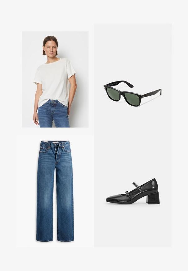 Trumpa rankovėmis, off-white spalvos marškinėliai, pagaminti iš minkštos medžiagos, su apvalia iškirpte ir laisvu siluetu, derinami su mėlynais džinsais.; Mėlyni džinsai su plačiomis kojomis, penkiais kišenėmis, mygtukais ir kontrastingais siūlais. Struktūruotas audinys su dėvėtu paviršiumi.; Juodos lakinės Mary Jane bateliai su smailu smailiu, dviem reguliuojamais dirželiais ir storu blokuota kulnu. Lygus paviršius ir blizgus apdaila.; Juodi plastikiniai saulės akiniai su žaliais objektyvais, kvadratiniais rėmeliais, sidabriniu akcentu ant antakio ir tekstūruotais šventyklų šakutėmis. Vidinėje šakutėje nurodyta prekės ženklo pavadinimas.