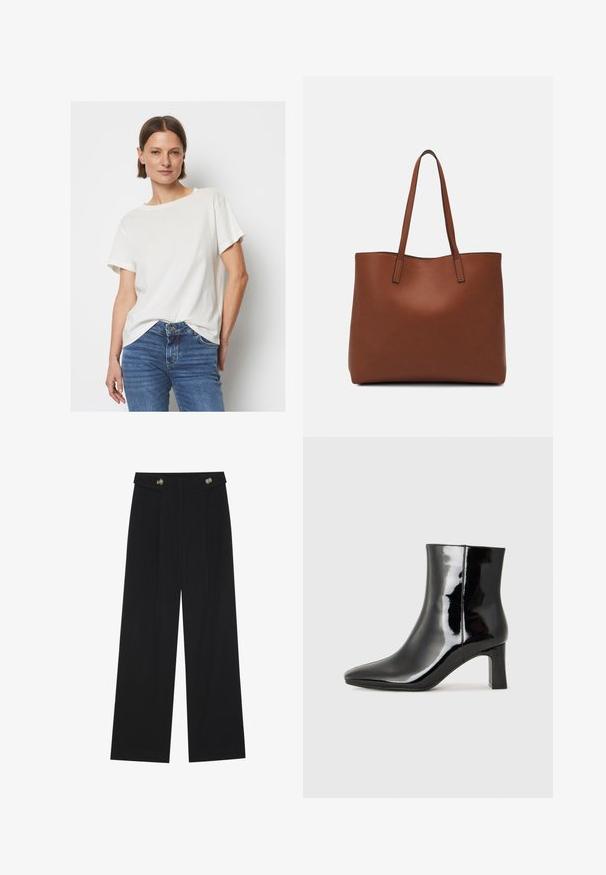 T-shirt de manga curta, off-white, feita de tecido suave, com decote redondo e corte descontraído, combinada com jeans de ganga azuis.; Calças largas pretas com cintura alta, detalhes em botão na cintura e pregas frontais.; Botim de tornozelo em pele sintética preta com bico apontado e salto bloco de altura média. Textura suave e design minimalista.; Bolsa tote de couro castanho com uma textura suave, design de abertura superior e duas alças para o ombro. Apresenta costura mínima e sem hardware visível.