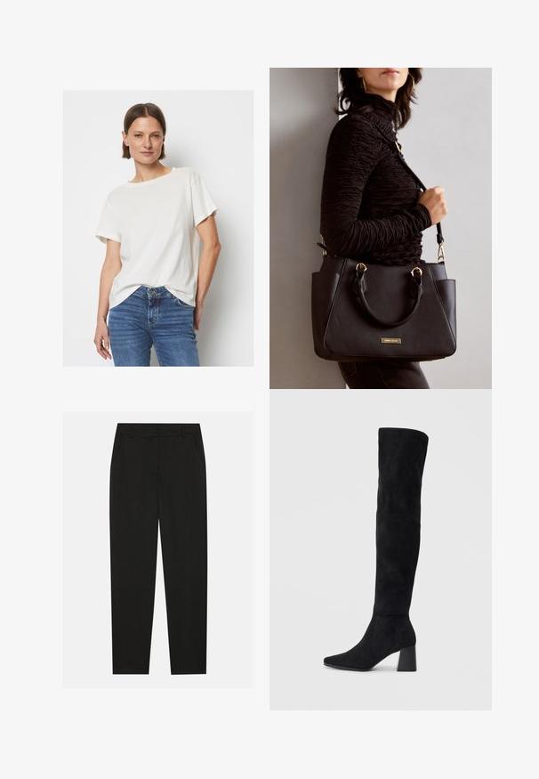 Trumpa rankovėmis, off-white spalvos marškinėliai, pagaminti iš minkštos medžiagos, su apvalia iškirpte ir laisvu siluetu, derinami su mėlynais džinsais.; Juodos kelnes su pritaikytu dizainu, turinčios šonines kišenes ir tiesią koją. Pagamintos iš lygaus, lengvo audinio su blizgiu paviršiumi.; Juoda zomšinė kelio ilgio batai su blokuotu kulnu, smailiu nosiu ir lygiu, be siūlių dizainu ant paprastos šviesios fono.; Juodas rankinės maišelis su struktūrizuota paviršiumi, dvigubais viršutiniais rankenėlėmis ir reguliuojamu peties diržu. Įrengtas aukso spalvos furnitūra ir šoninės kišenės.