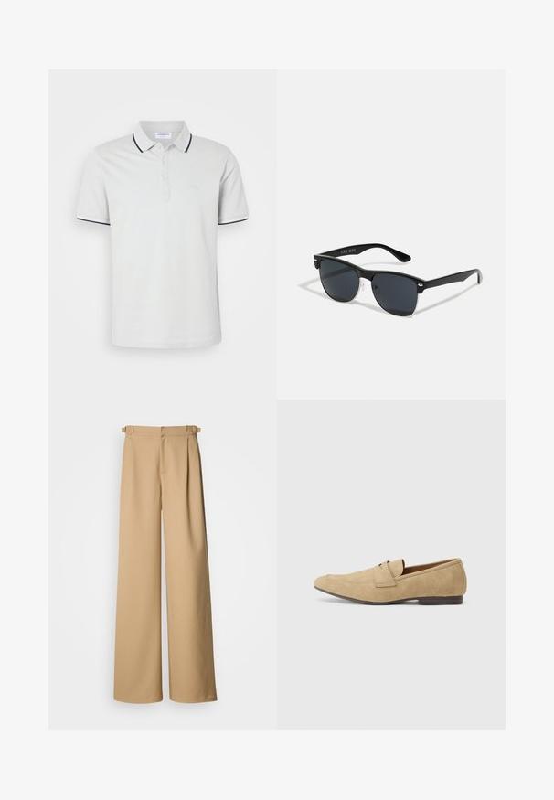 Polo cinza-claro em algodão macio, com uma pala de três botões, colarinho com detalhes em azul-marinho e um logótipo subtil no peito.; Calças largas bejas com cintura alta, frente pregueada e passantes para cinto. Feitas de um tecido liso com um design limpo e minimalista.; Mocassins de camurça em bege com um leve brilho, apresentando uma biqueira arredondada, design slip-on e um salto baixo castanho. Detalhe de costura subtil.; Óculos de sol pretos com forma retangular, lentes escuras, detalhes em prata nas hastes e um acabamento mate na armação.