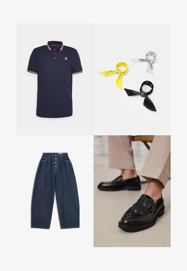 Marinblå polotröja i bomull, med en treknapig knäppning, röda accentknappar och randig ribbad krage och ärmslut. LOGO på vänster bröst.; Mörkblå denim byxor med vida ben och hög midja, femknappsstängning och fem fickor. Har sömnadsdetaljer på sömmarna.; Svarta läder loafers med en slät finish, prydda med en dekorativ rem och kontrastsöm, tillsammans med beiga byxor.; Tre bandanas: en gul med svarta mönster, en vit med svarta design och en svart med vita grafik. Alla är fyrkantiga och tillverkade av lätt tyg.