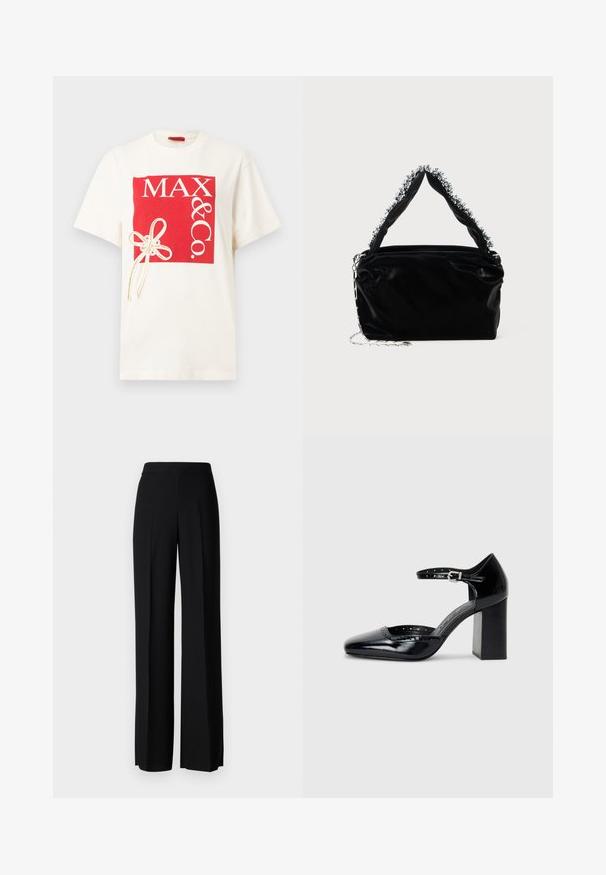 Valge lühikeste varrukatega T-särk, millel on ees suurem punane ruut, tekst "MAX & Co." ning dekoratiivne beež pael vasakul pool.; Mustad laiad püksid mustas värvitoonis, sujuva tekstuuri ja kõrge vöökoha ning keskmiste voldikutega. Ilma nähtavate mustrite või tarvikute detailideta.; Mustad lakknahk kingad kõrge kontsaga, ruudukujulise varbaga, pahkluu rihmaga ja paksu kontsaga. Sisaldab perforatsioonidega detaile ääres.; Must mustrepp nahkakäekott, millel on tekstuuriga viimistlus, esitades pehme hõbedase aktsendi pealt käepideme juures ja kettainet.