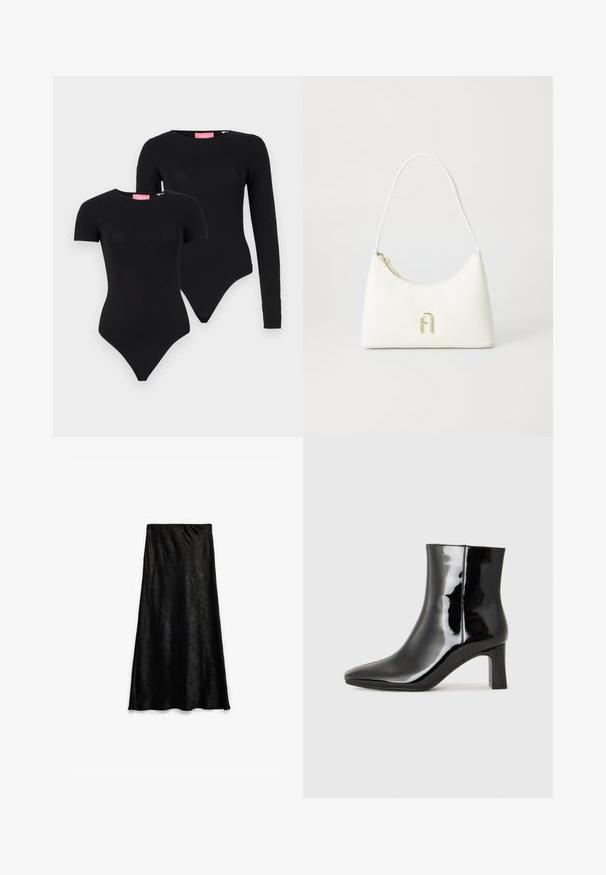 JJXX JXGIGI BODY 2 PACK - Pitkähihainen paita - black; Musta maksihame, joka on valmistettu teksturoidusta kankaasta, hieman poimutetulla vyötäröllä ja virtaavalla muotoilulla. Sileä pinta, jossa on hienovarainen hohde.; Musta patenttilakattu nilkkuri, jossa on terävä kärki ja keskipitkä lohkarekorko. Silkkinen pinta ja minimalistinen muotoilu.; Valkoinen käsilaukku, jossa on kaareva muoto ja sileä pinta. Varustettu kultasävyisellä logo-yksityiskohdalla ja vetoketjukiinnityksellä. Säädettävä olkahihna.