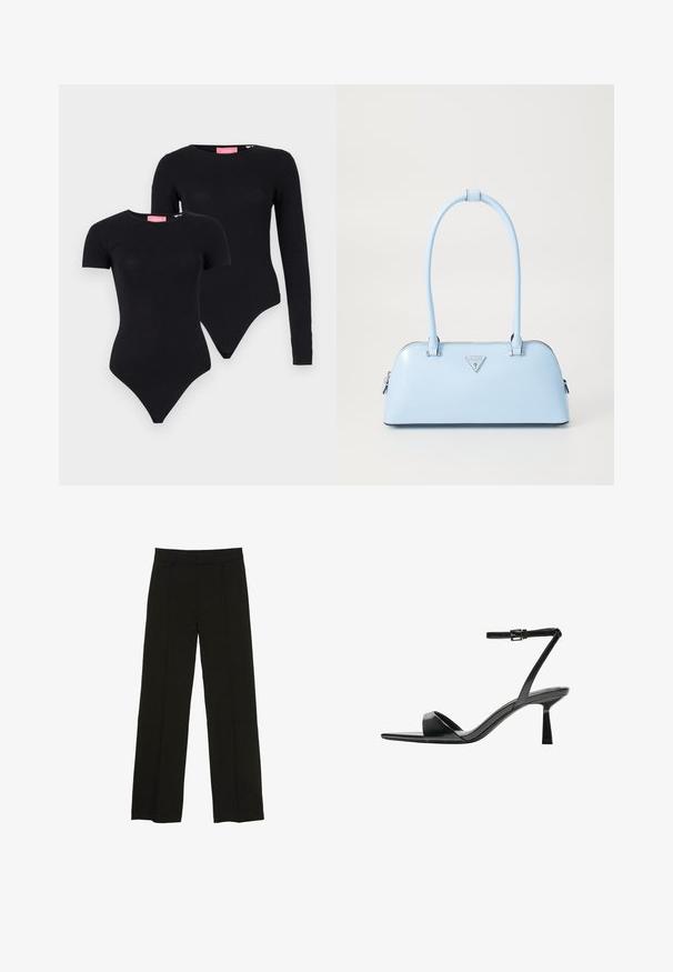 JJXX JXGIGI BODY 2 PACK - Bluză cu mânecă lungă - black; Pantaloni largi negri, confecționați dintr-un material fin, cu un talie ajustată și pliuri frontale subtile pentru un plus de textură.; Bershka Sandale cu toc - black; Geantă de mână bleu deschis, cu o formă structurată, din piele netedă, două mânere și un logo de brand triunghiular pe față. Închidere cu fermoar.