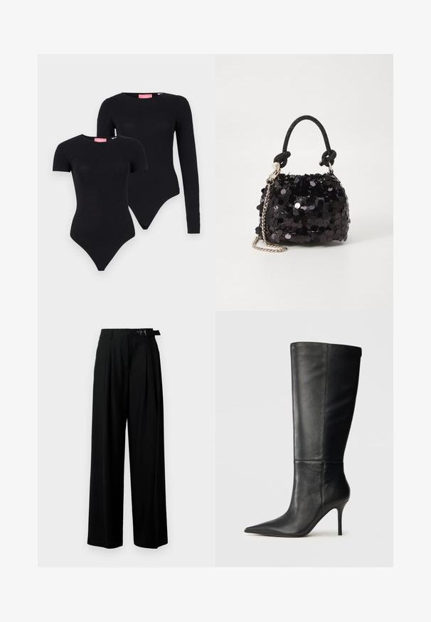 JJXX JXGIGI BODY 2 PACK - Tops ar garām piedurknēm - black; Melni plaši bikses ar augsto jostasvītru, priekšā ar krokojiem un jostu ar sprādzi. Izgatavotas no gludas, vieglas auduma.; Melna ādas zābaks līdz ceļgaliem ar smailu purngalu un smalku stiletto papēdi, gluda tekstūra, sānu profils neitrālā fonā.; Melna spīguļota mini rokas soma ar mezglotu teksturētu siksniņu un sudraba ķēdi. Apaļa forma ar sakopotām malām un atstarojumu detaļām.