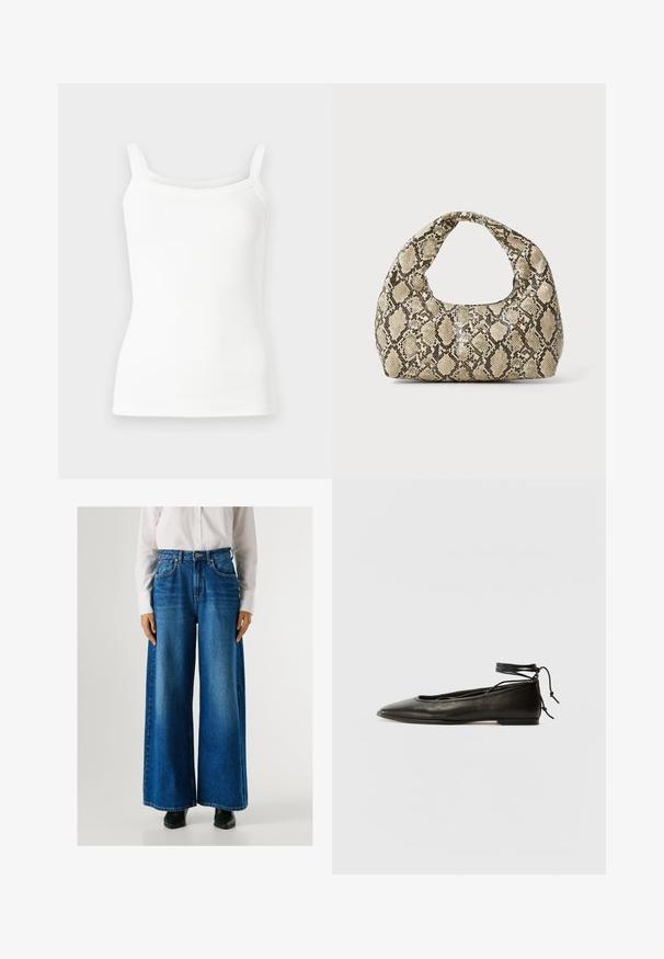 Top alb cu dungi, cu bretele subțiri, având o formă ajustată și o textură netedă. Fără modele sau detalii metalice.; Jeans largi de culoare albastră, cu talie înaltă, din denim, având buzunare frontale și închidere cu nasture. Textură netedă cu o spălare clasică.; Balerini din piele neagră, cu vârf ascuțit, șnur pentru glezna și talpă plată, având o textură netedă și un design minimalist.; Geantă cu imprimeu de șarpe, având un mâner curbat. Fabricată din materiale texturate, bej și maronii, cu un model distinctiv în formă de diamant.
