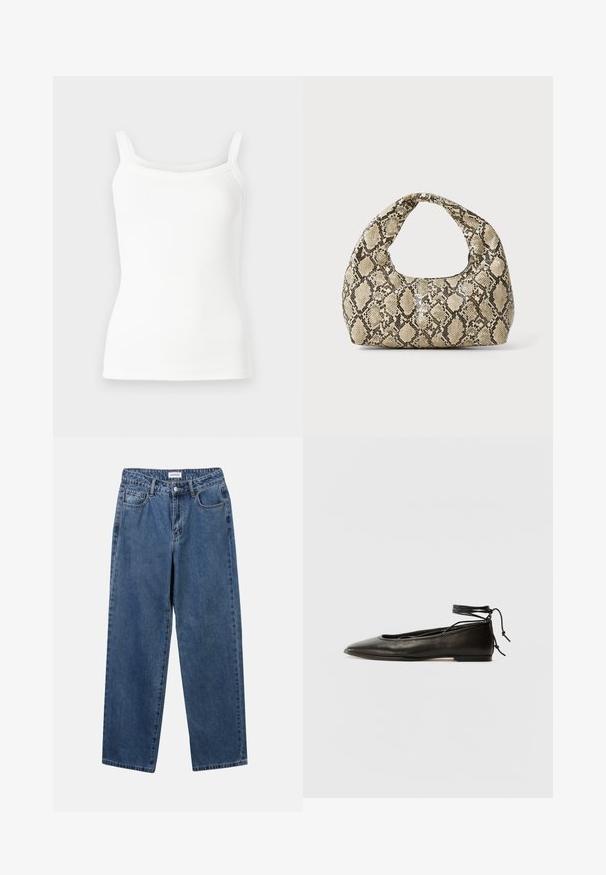 Hvid ribbet tanktop med tynde stropper, der har en tætsiddende form og en glat tekstur. Ingen mønstre eller hardwaredetaljer til stede.; Klassiske blå denimbukser med lige ben, fem lommer og knaplukning. Har en medium vask og en robust tekstur.; Sorte læder ballerinaer med spids tå, ankelbinding og flad sål, der har en glat tekstur og minimalistisk design.; Slangeprint håndtaske med et buet håndtag. Lavet af strukturerede, beige og brune materialer, med et karakteristisk diamantmønster.