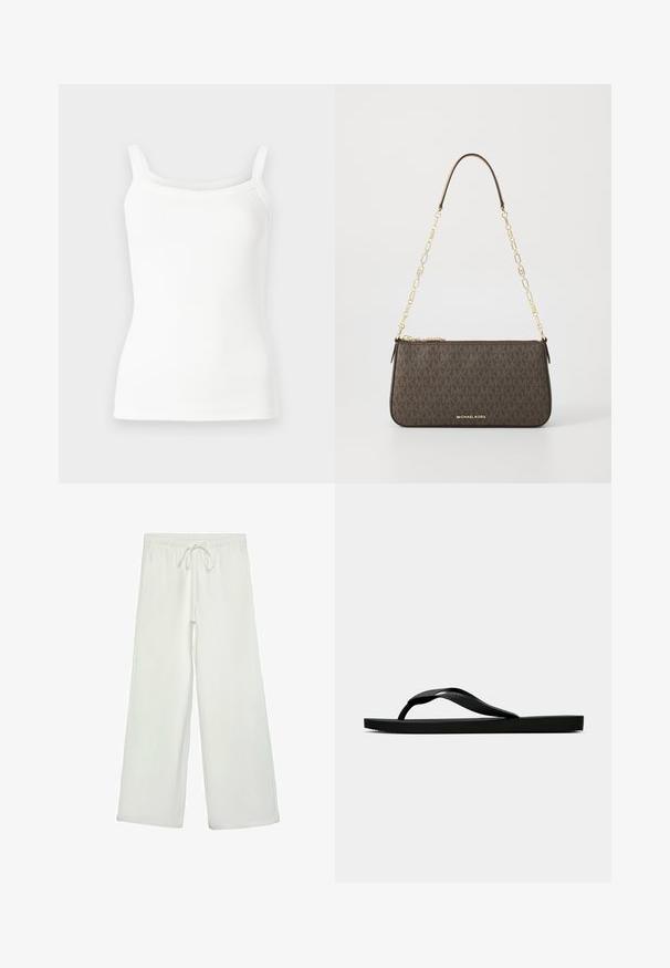 White ribbed tank top with thin straps, featuring a fitted shape and a smooth texture. No patterns or hardware details present.; White wide-leg pants made of soft fabric. Features an elastic waistband with a drawstring and a smooth texture. No visible patterns or hardware.; Black rubber flip-flop sandal with a textured thong strap and simple flat sole, shown from side on a plain light background.; Brown monogrammed leather bag with a gold chain strap, zip closure, and a flat, rectangular shape. Features a logo embossed on the front.