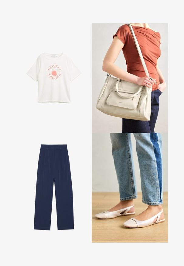 Camiseta blanca de manga corta hecha de una tela suave, con un gráfico circular rosa que integra la palabra "verano" en el diseño.; Pantalones de pierna ancha en azul marino, fabricados en un tejido suave, que cuentan con pliegues frontales, una textura lisa y un corte recto sin bolsillos visibles.; Bailarinas de color rosa pálido con tiras traseras y punta puntiaguda, fabricadas con un material similar al cuero suave. Presentan detalles recortados en los laterales y un tacón plano.; Bolso de mano de cuero blanco con asas dobles y correa desmontable, con un bolsillo delantero con cremallera y textura suave. Sosteniéndolo en el brazo de una persona.