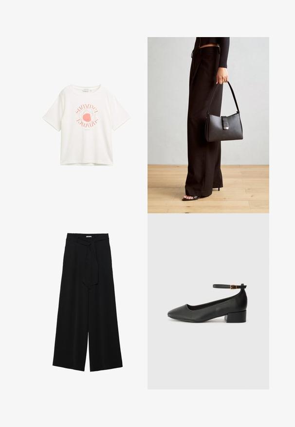 Balta trumpa rankovėmis marškinėliai, pagaminti iš minkštos medžiagos, su rožine apvalia grafika, kurioje įkomponuotas žodis "vasara".; Juoda plačių kojų kelnės, pagamintos iš tekstūruoto audinio, su elastingu juosmeniu ir atsegamu diržu juosmenyje, leidžiančiu reguliuoti dydį.; Juodas odinis aukštakulnis batelis su smailiu pirštu ir žemu bloku. Su kulkšnies dirželiu su auksinės spalvos sagtimi. Lygus paviršius.; Juodas rankinė struktūrizuota forma, lygi tekstūra ir metalinis užsegimas. Suporuota su plačiomis juodomis kelnėmis ir atvirais bateliais ant medinių grindų.