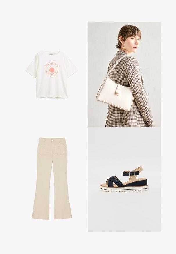 Tricou alb cu mânecă scurtă, dintr-un material moale, având un grafic circular roz cu cuvântul "vară" integrat în design.; Pantaloni bej evazați cu talie înaltă, realizati dintr-un materiale din bumbac. Prezintă buzunare frontale și posterioare, găici pentru curea și un singur nasture argintiu.; Sandală bleumarină cu două curele din material textil, curea ajustabilă pentru gleznă și spate texturat bej. Talpă groasă, albă, cu margine zimțată. Marcă imprimată pe curea.; Geantă de mână din piele albă cu un design structurat, având o închidere magnetică și un breteau, expusă pe un fundal neutru.