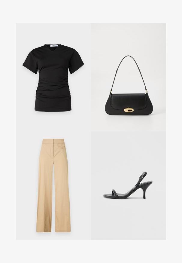 DAY Birger et Mikkelsen BRAXTON MODERN - T-shirts - black; Beige vidje bukser laget av bomullsblandingsmateriale. Har en jevn tekstur, elastisk midjebånd og en sideknappdetalj.; Sorte skinnhøye hæler med en slank, buet hæl og et kryssrem-design. Justerbar ankelrem. Glatt tekstur.; Svart lærveske med en buet design, gullfarget hardware og et håndtak på toppen. Har en elegant lukking og glatt tekstur.