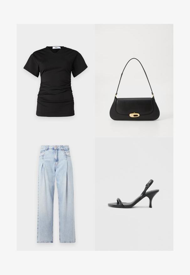 DAY Birger et Mikkelsen BRAXTON MODERN - T-shirts - black; Lyseblå denimjeans med høy livlinje, vide ben, to sidelommer og plisserte detaljer. Myk tekstur med en falmet finish.; Sorte skinnhøye hæler med en slank, buet hæl og et kryssrem-design. Justerbar ankelrem. Glatt tekstur.; Svart lærveske med en buet design, gullfarget hardware og et håndtak på toppen. Har en elegant lukking og glatt tekstur.