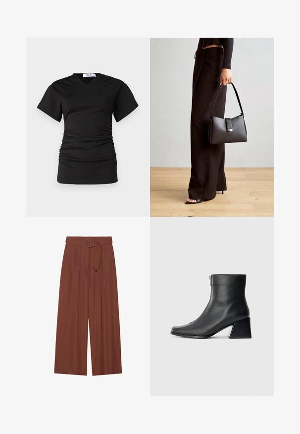 DAY Birger et Mikkelsen BRAXTON MODERN - Základné tričko - black; Hnedé široké nohavice vyrobené z látky, s opaskom so štvorcovou prackou, s nariaseným dizajnom a hladkou textúrou.; Čierna kožená členková obuv so štvrcovým špičkou, bočným zipsom a blokovým podpätkom na jednoduchom svetlom pozadí.; Čierna kabelka so štruktúrovaným tvarom, hladkou textúrou a kovovou sponou. V kombinácii so širokými čiernymi nohavicami a sandálmi s otvorenou špičkou na drevenej podlahe.