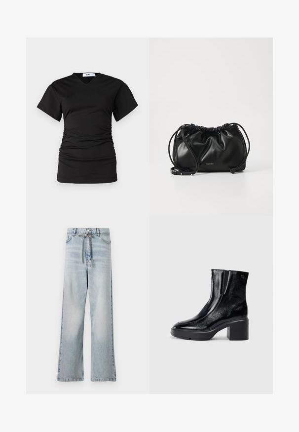DAY Birger et Mikkelsen BRAXTON MODERN - T-shirts - black; Lyseblå vide jeans laget av denim, med høy midje, frontlommer og snøring i midjen. Slitt tekstur.; Sorte lakkskinn ankelstøvler med buet tå, elastiske sidestykker og en chunky klossheel. Har preget logo på baksiden.; Svart lærveske med samlet design, dobbel snoråpning og avtagbar skulderrem. Har metallisk logodetalj.